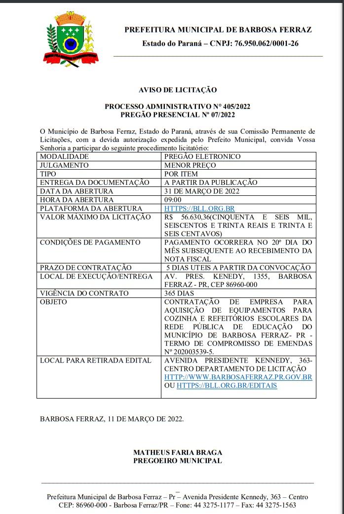 BARBOSA FERRAZ - AQUISIÇÃO DE EQUIPAMENTOS PARA COZINHA E REFEITÓRIOS ESCOLARES.
