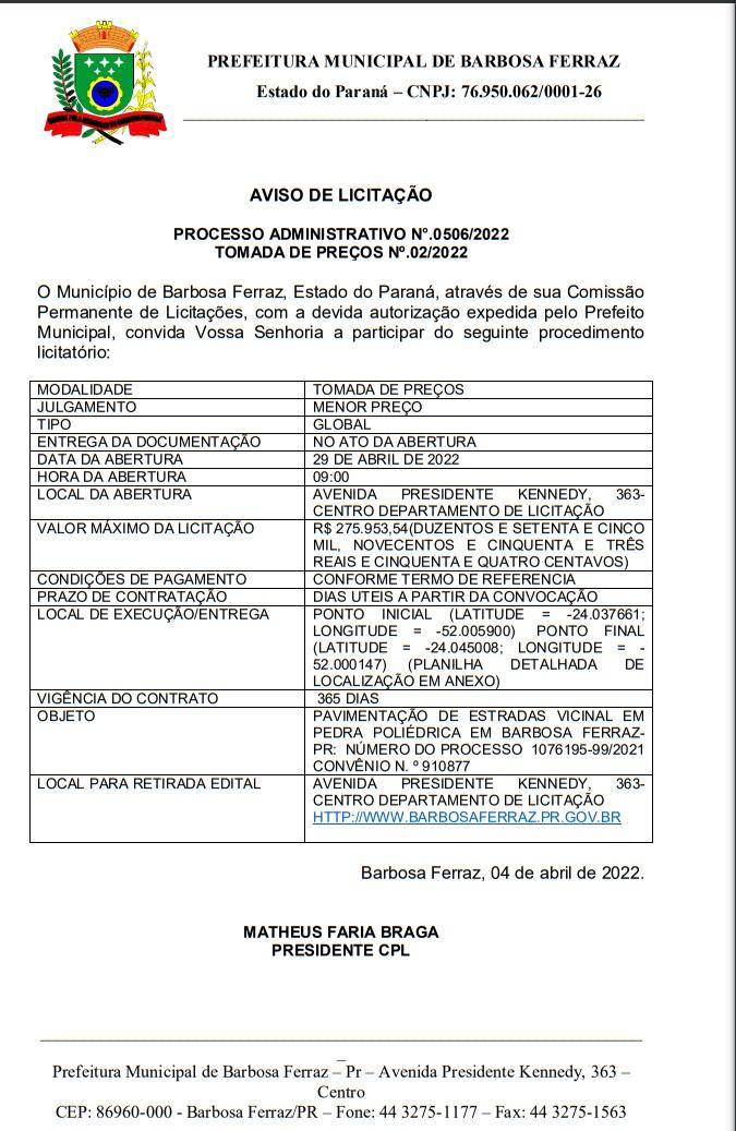 PREF. BARBOSA FERRAZ - LICITAÇÃO DE PAVIMENTAÇÃO DE ESTRADA VICINAL