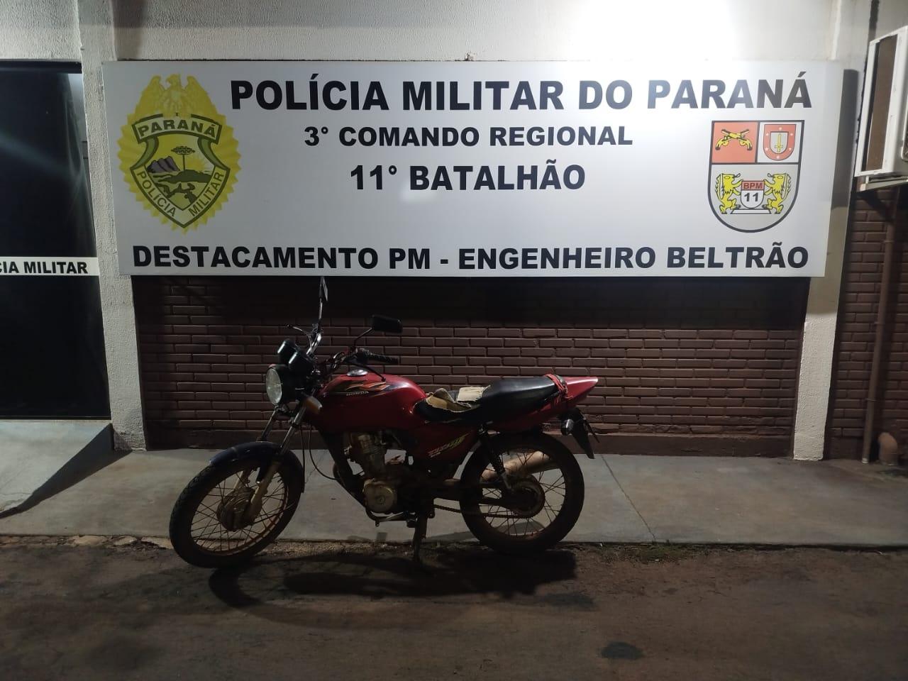 ENGENHEIRO BELTRÃO: Moto furtada no centro é recuperada pela PM na PR-082